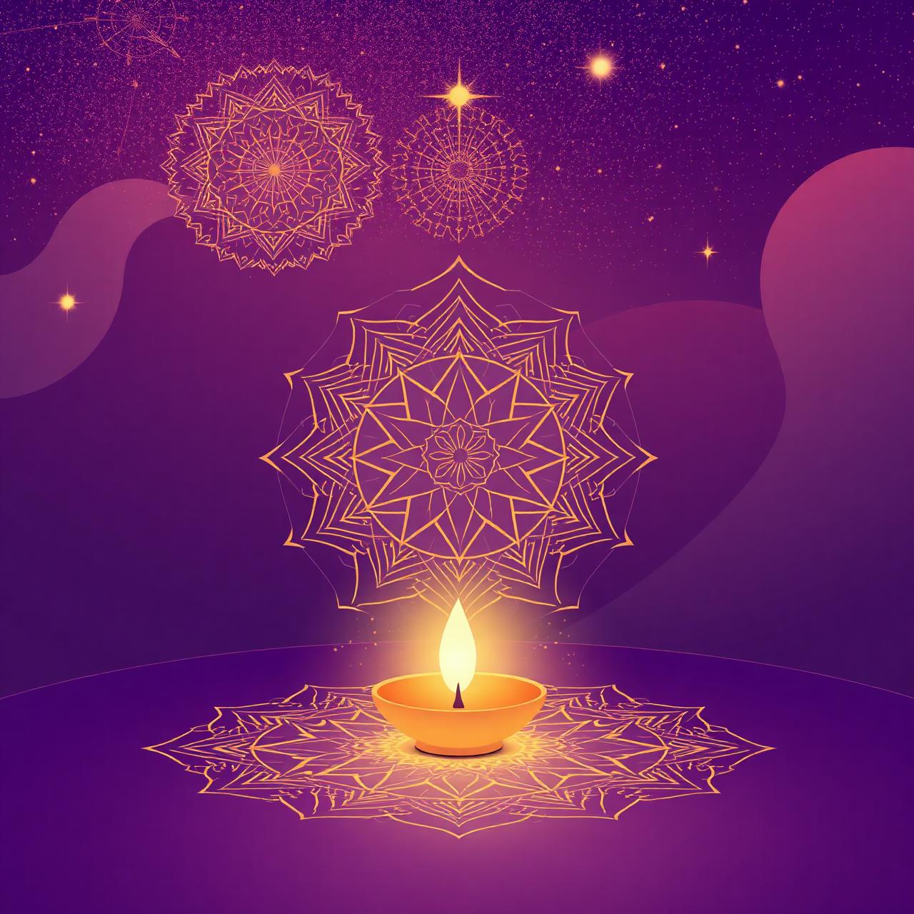 A glowing diya surrounded by sacred geometry under a cosmic sky